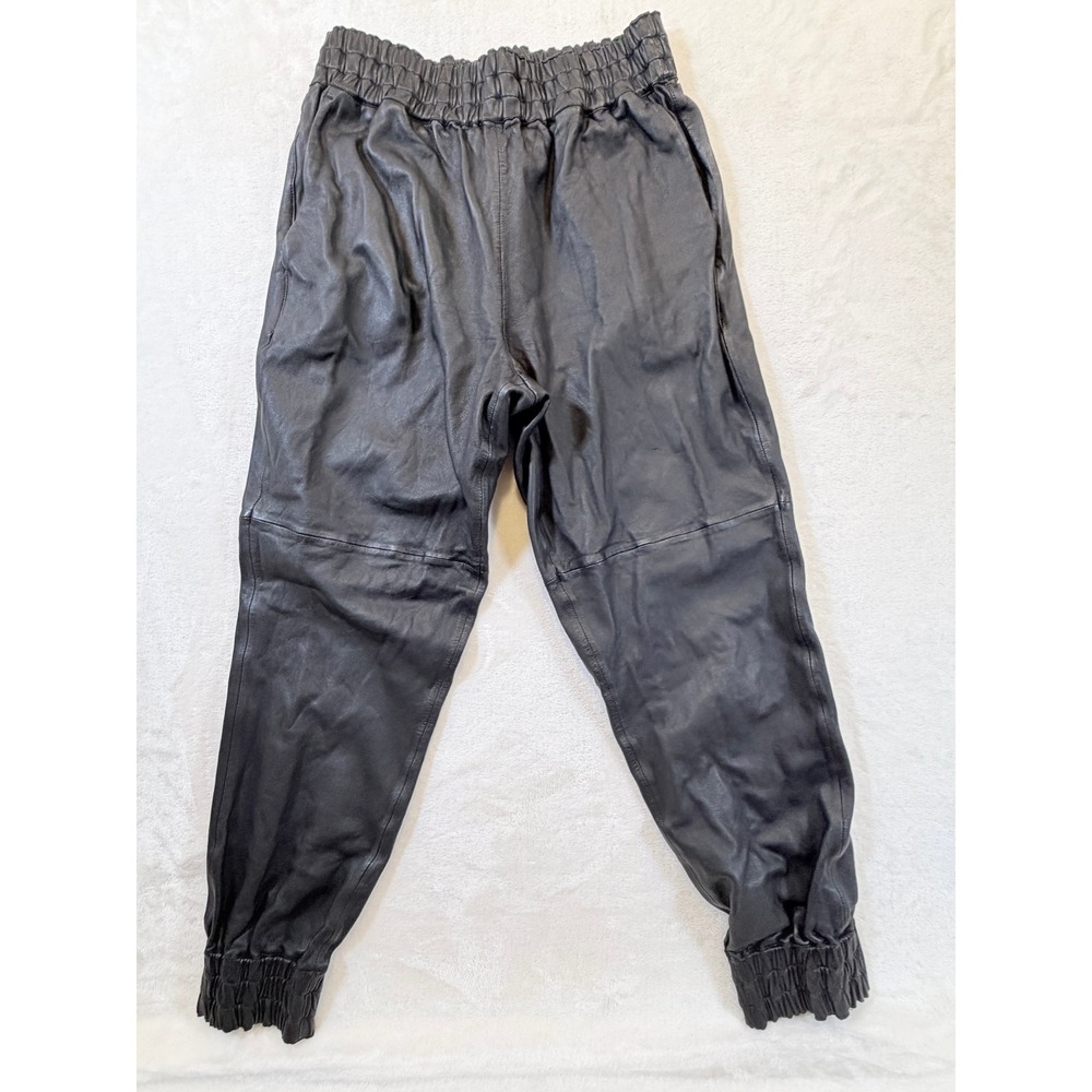GSTQ Black 100% Real Leather Smocked Cuff Jogger Pants Womens Medium Excellent